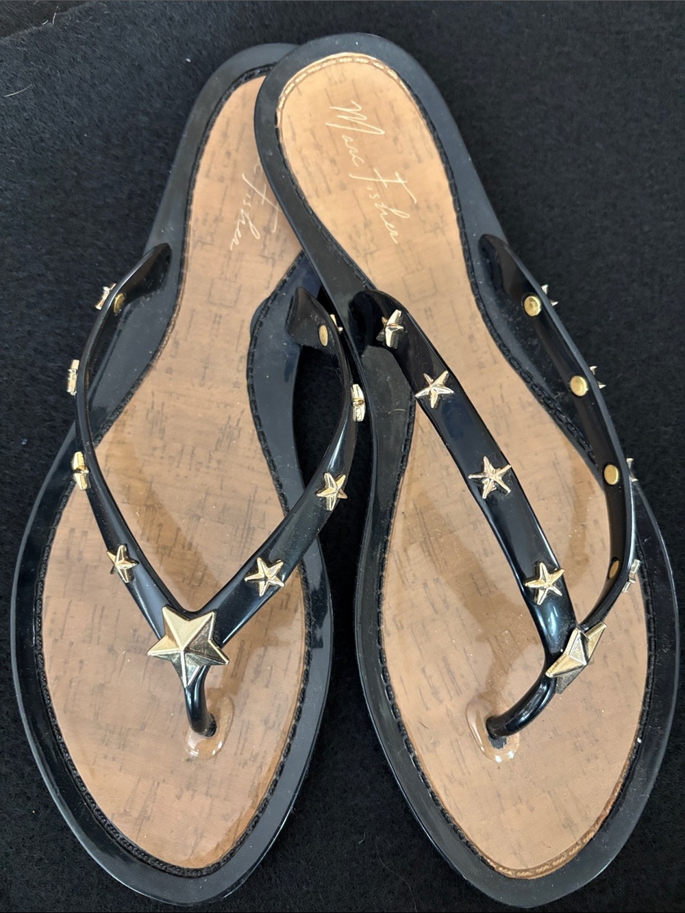 K.Jacques Black Flip Flops with Gold Star Studs